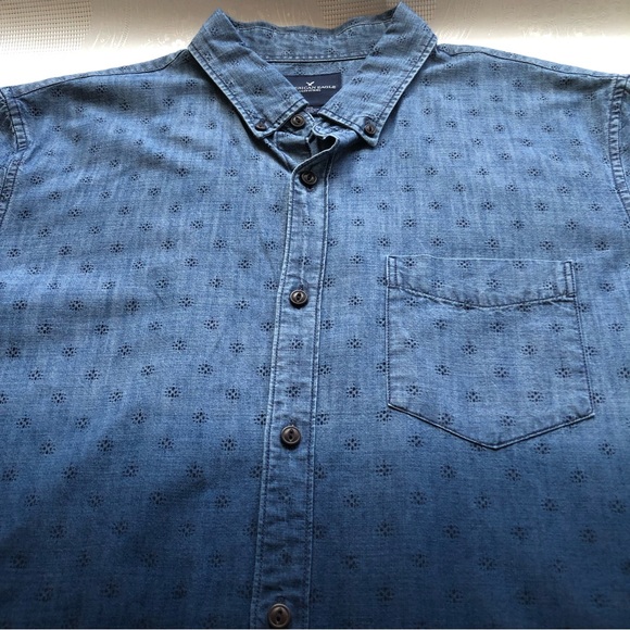 American Eagle Men’s Size L Short Sleeves Shirt Button-Up Blue Jeans Denim Top - Picture 9 of 14